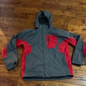 Gray and Red North Face Hooded Raincoat.